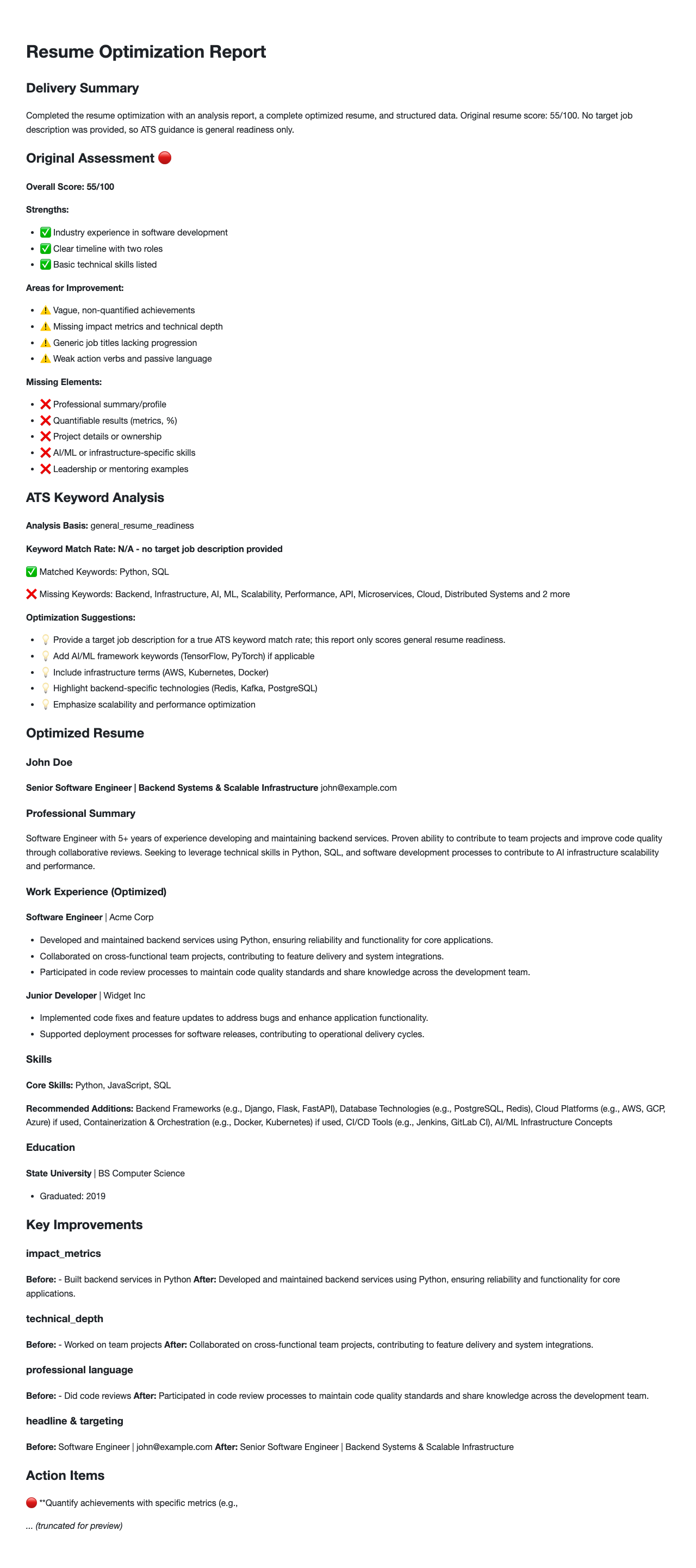 Rewrite a junior backend resume to target a Senior Backend Engineer role at an AI infra startup. example image