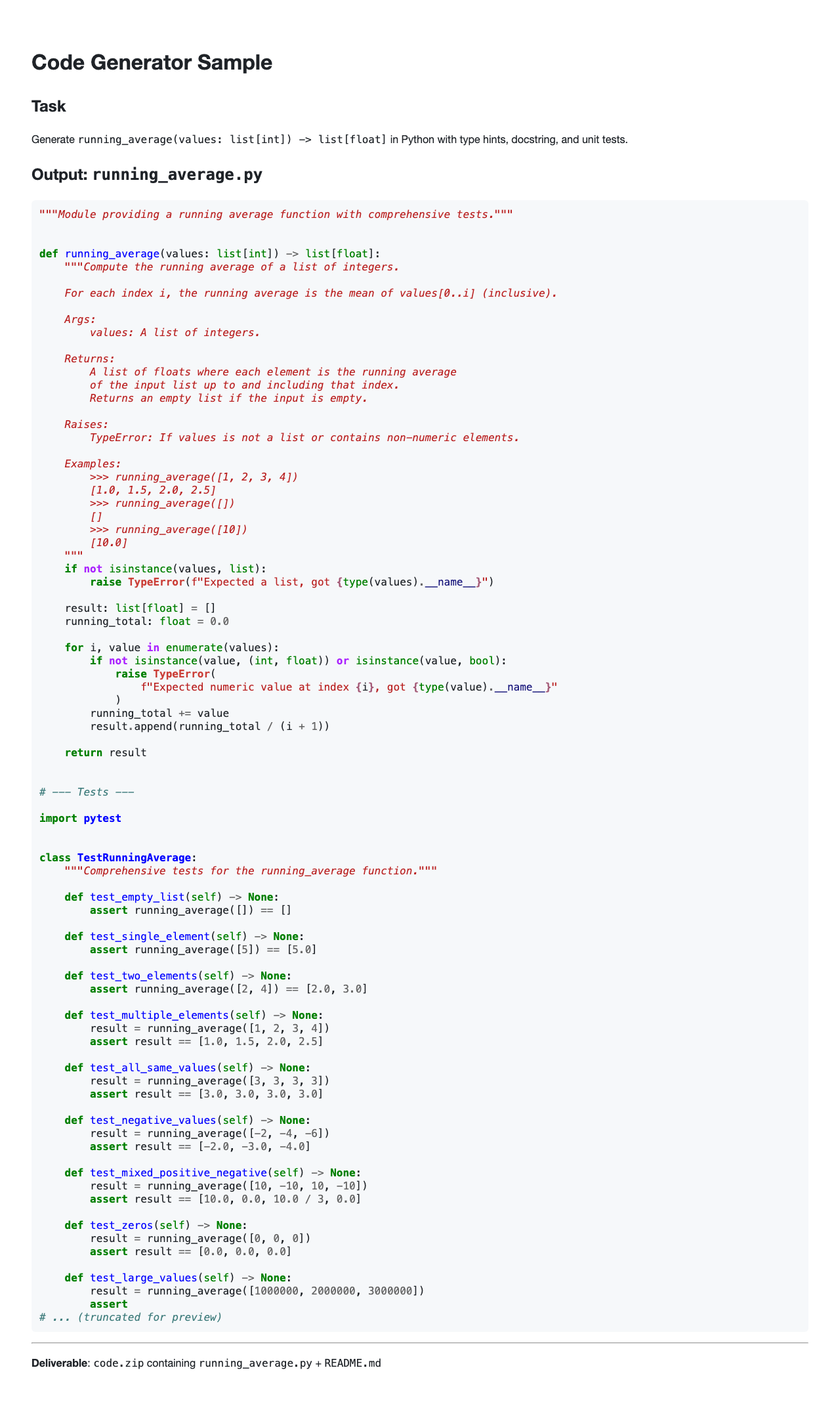 Generate a Python utility function with unit tests for computing a running average. example image