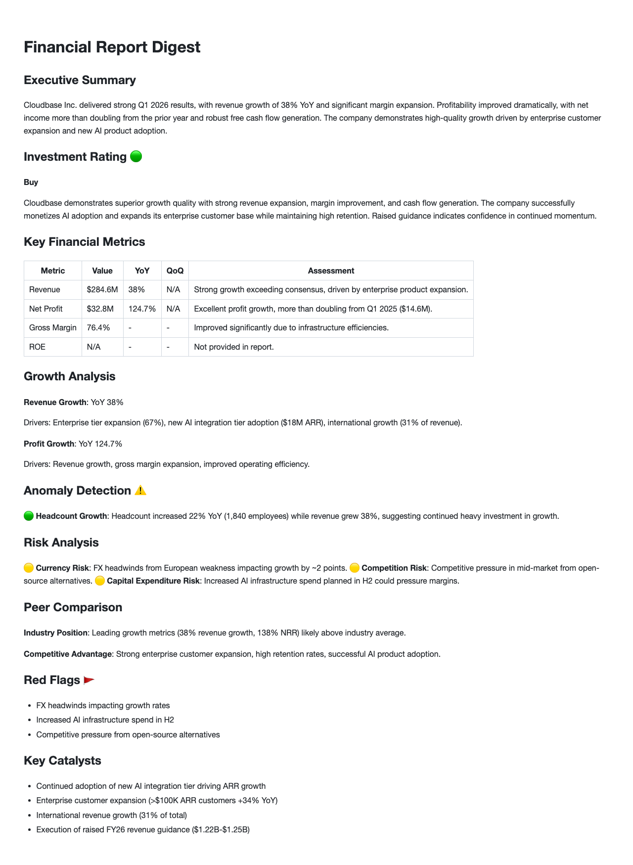 Digest a quarterly earnings summary into investor-friendly key takeaways. example image