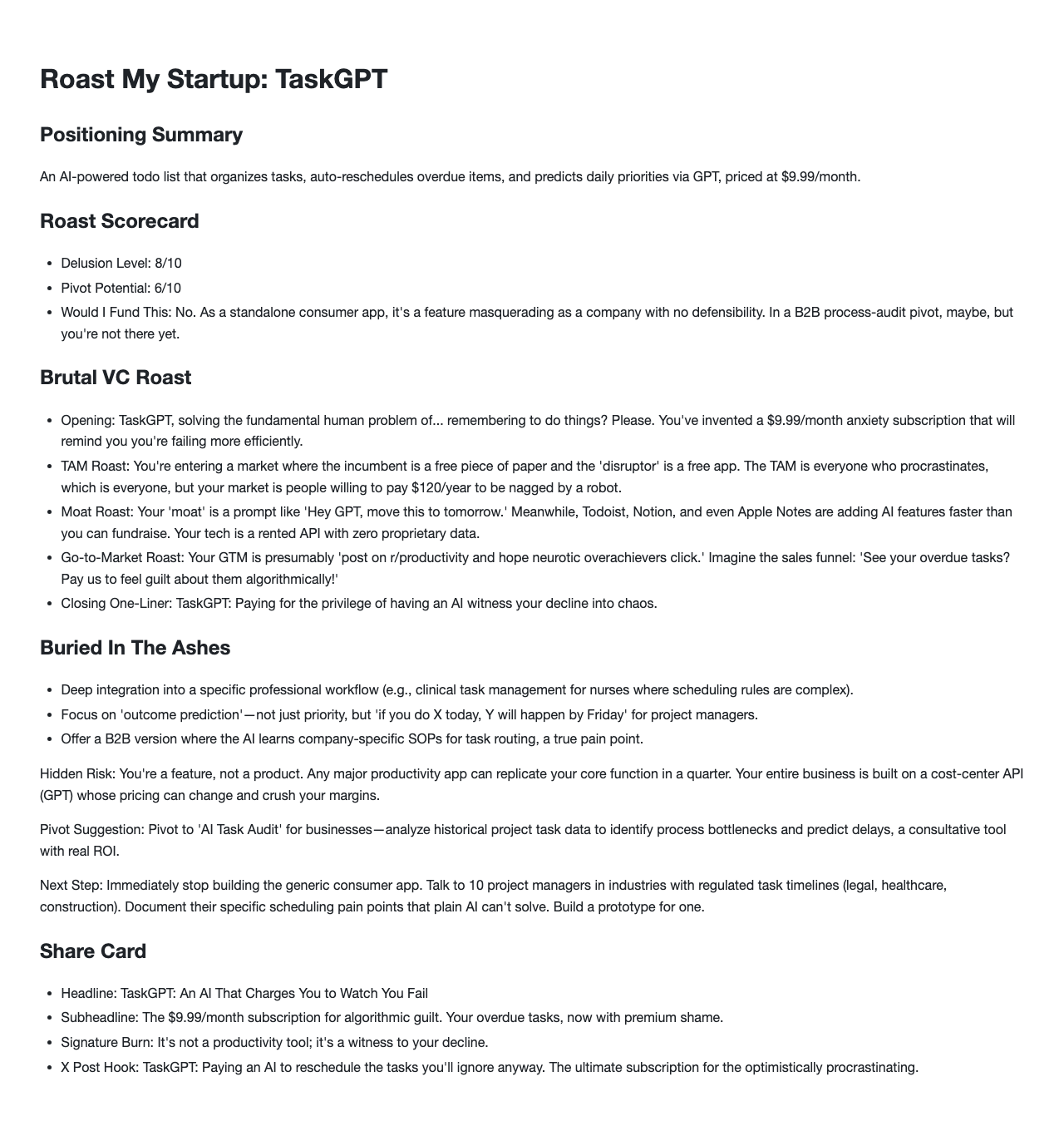 Critique an AI-todo-list startup idea with a savage investor-style roast. example image