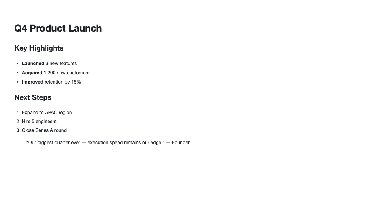 Render a Q4 business-update memo as a shareable image card. example image