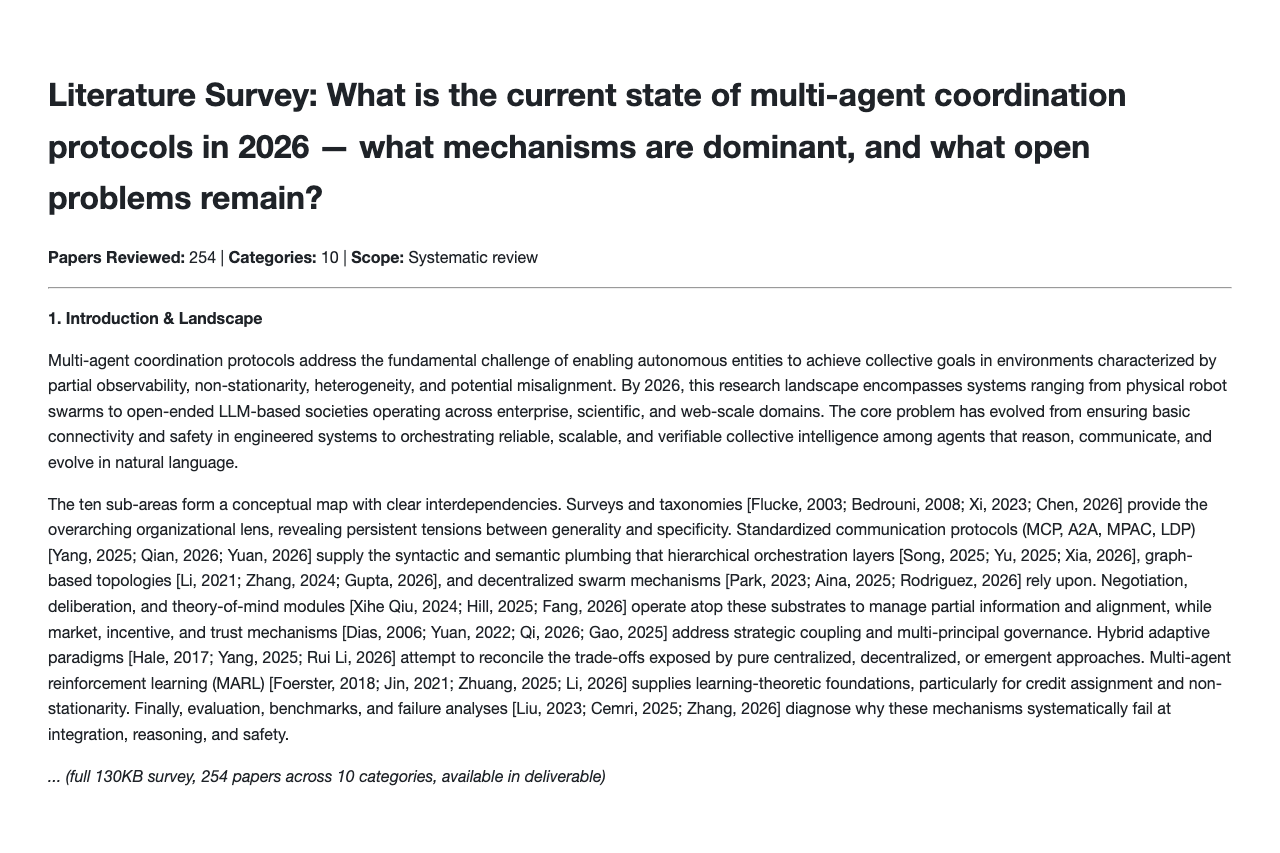 Survey 250+ papers on multi-agent coordination protocols and synthesize a literature review with dominant mechanisms and open problems. example image
