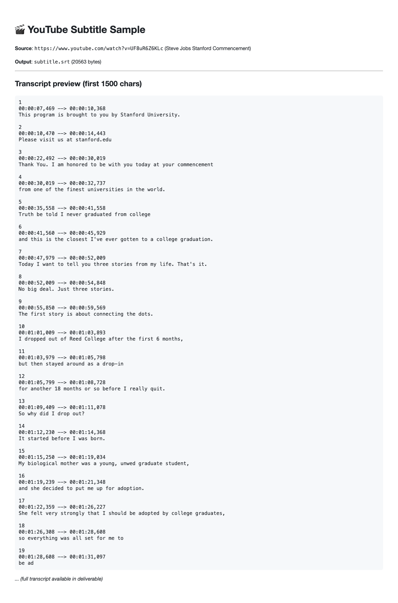 Extract and clean up subtitles from a public YouTube talk video. example image