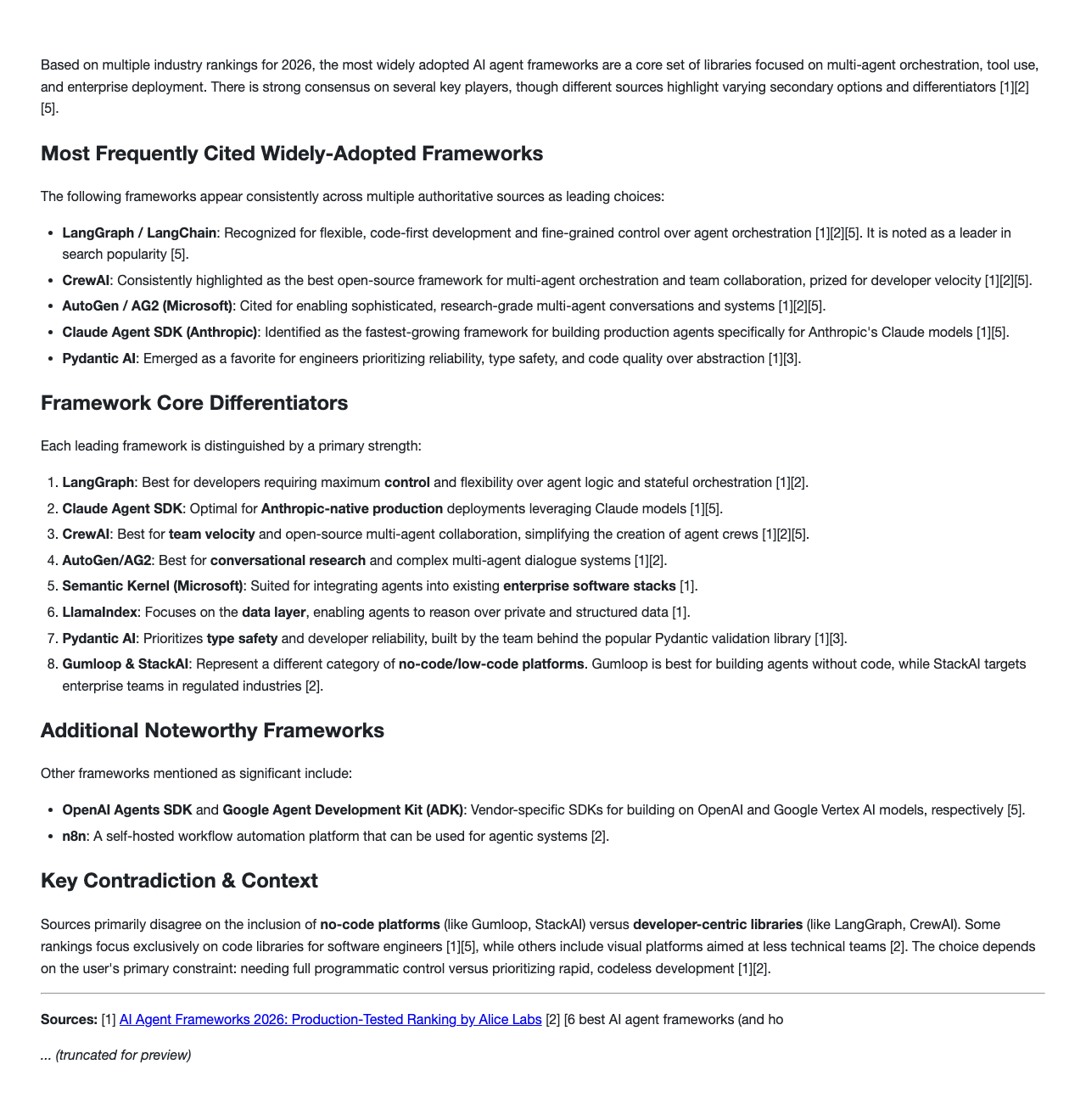 Summarize the most adopted AI-agent frameworks in 2026 with citations. example image
