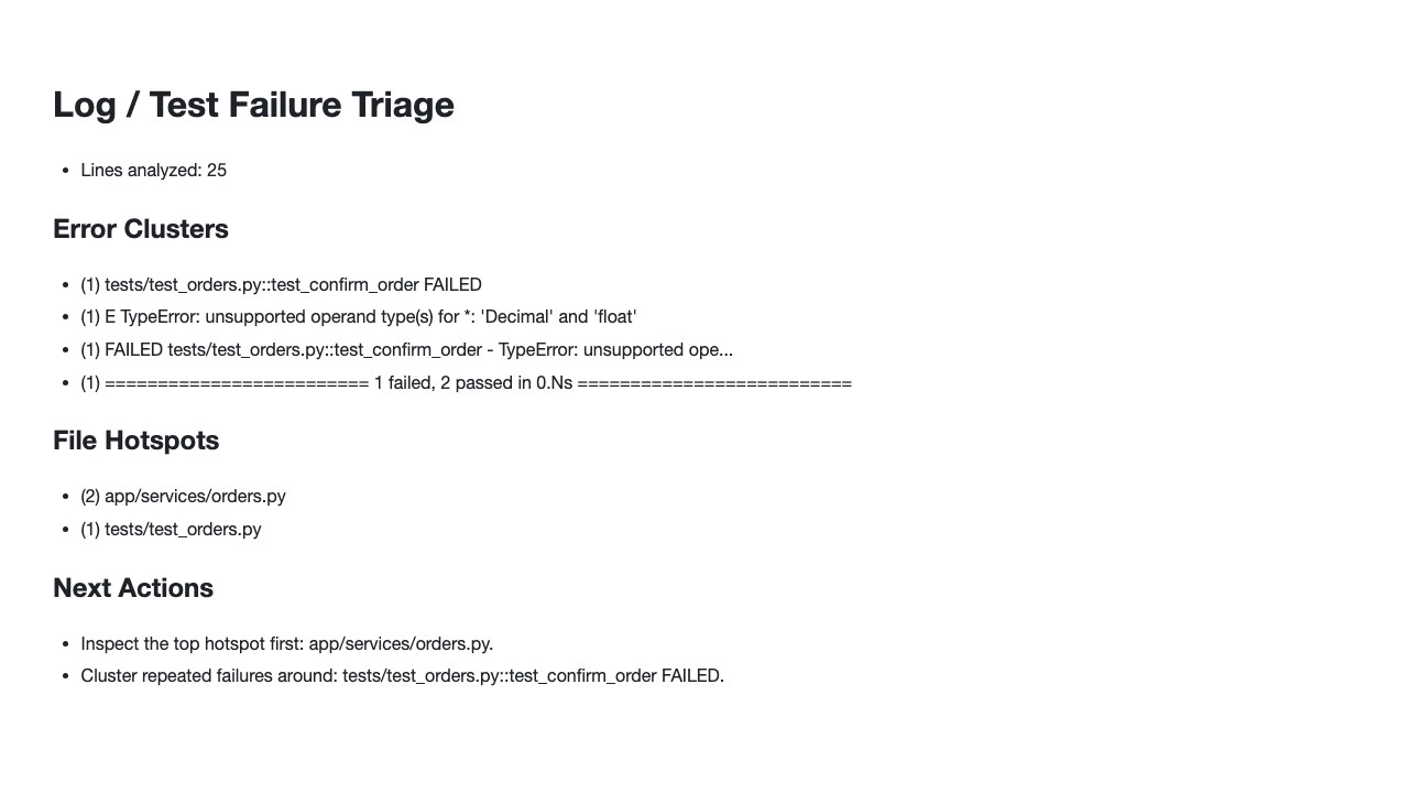 Triage a Python pytest traceback to pinpoint root cause and suggest a fix. example image