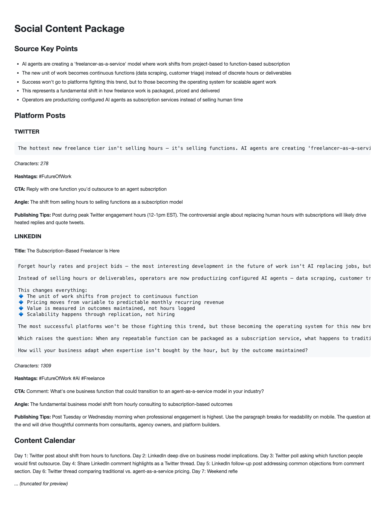 Repurpose a blog excerpt into Twitter thread and LinkedIn post variants. example image