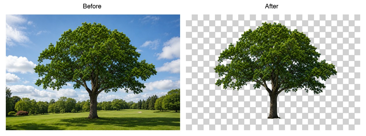 Isolate a tree subject from its outdoor scene background, preserving canopy detail. example image