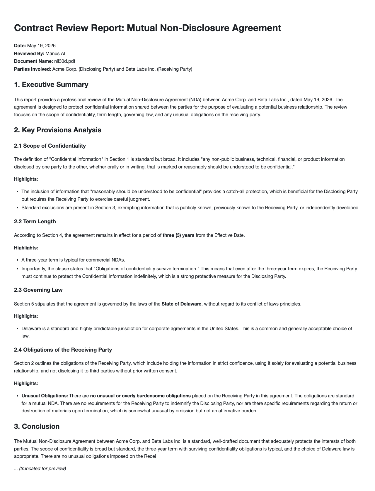 Review a Mutual Non-Disclosure Agreement and flag key clauses and unusual obligations. example image