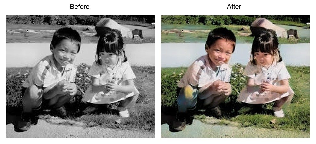 Colorize an old black-and-white photograph into a natural-color version. example image