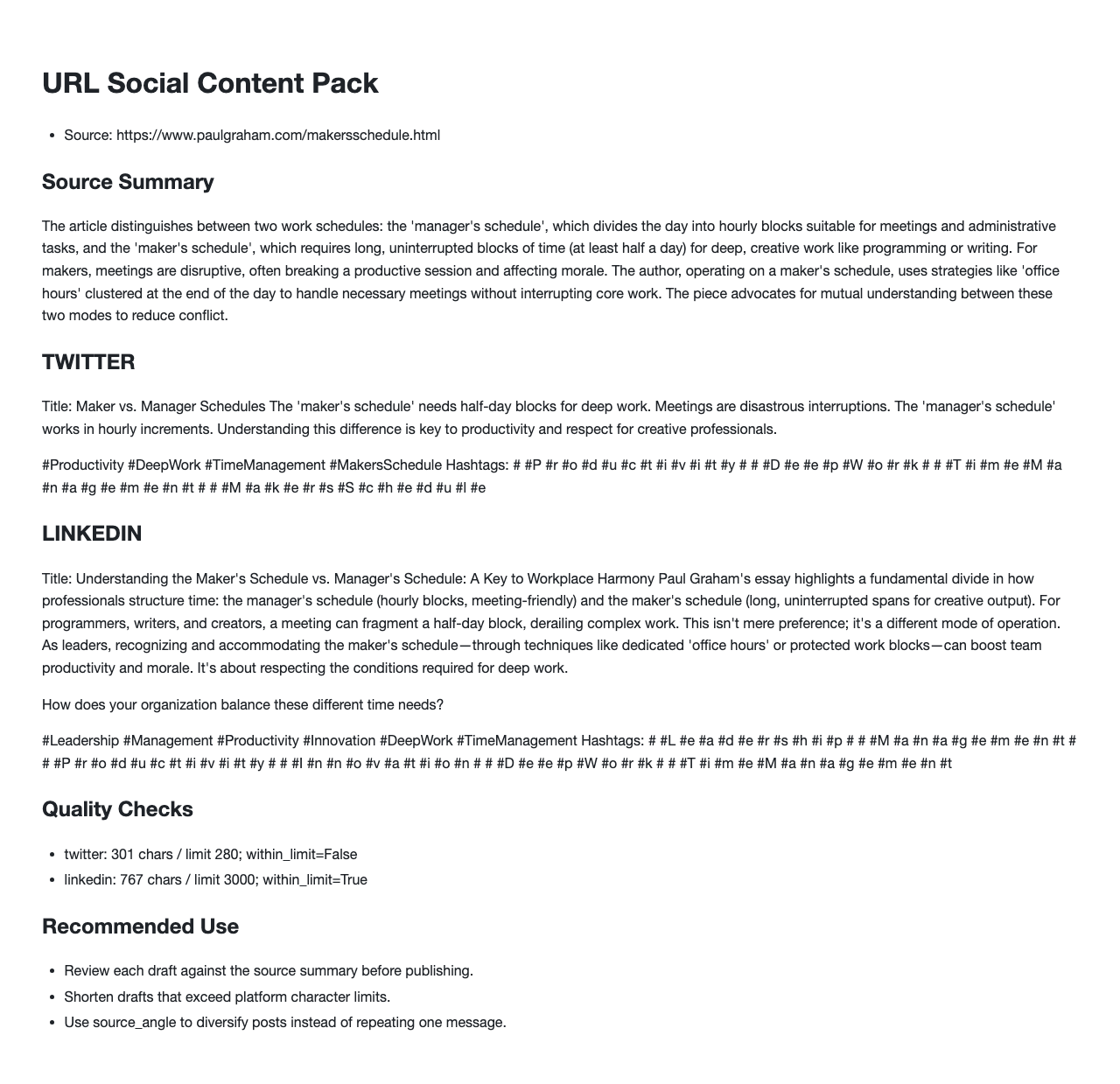 Turn an article URL into a multi-platform social content pack. example image